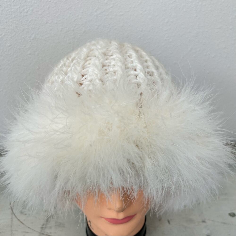 Vintage Chunky Knit Beanie Hat Feather Trim Y2K Winter Snow Bunny ski white - Picture 4 of 16